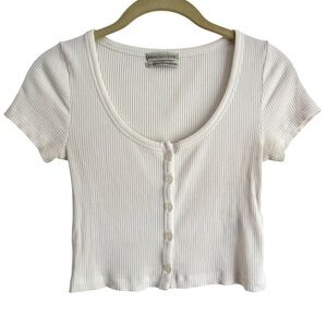 Urban Outfitters Ivory Ribbed Button Front Cropped Top Size Small Petite